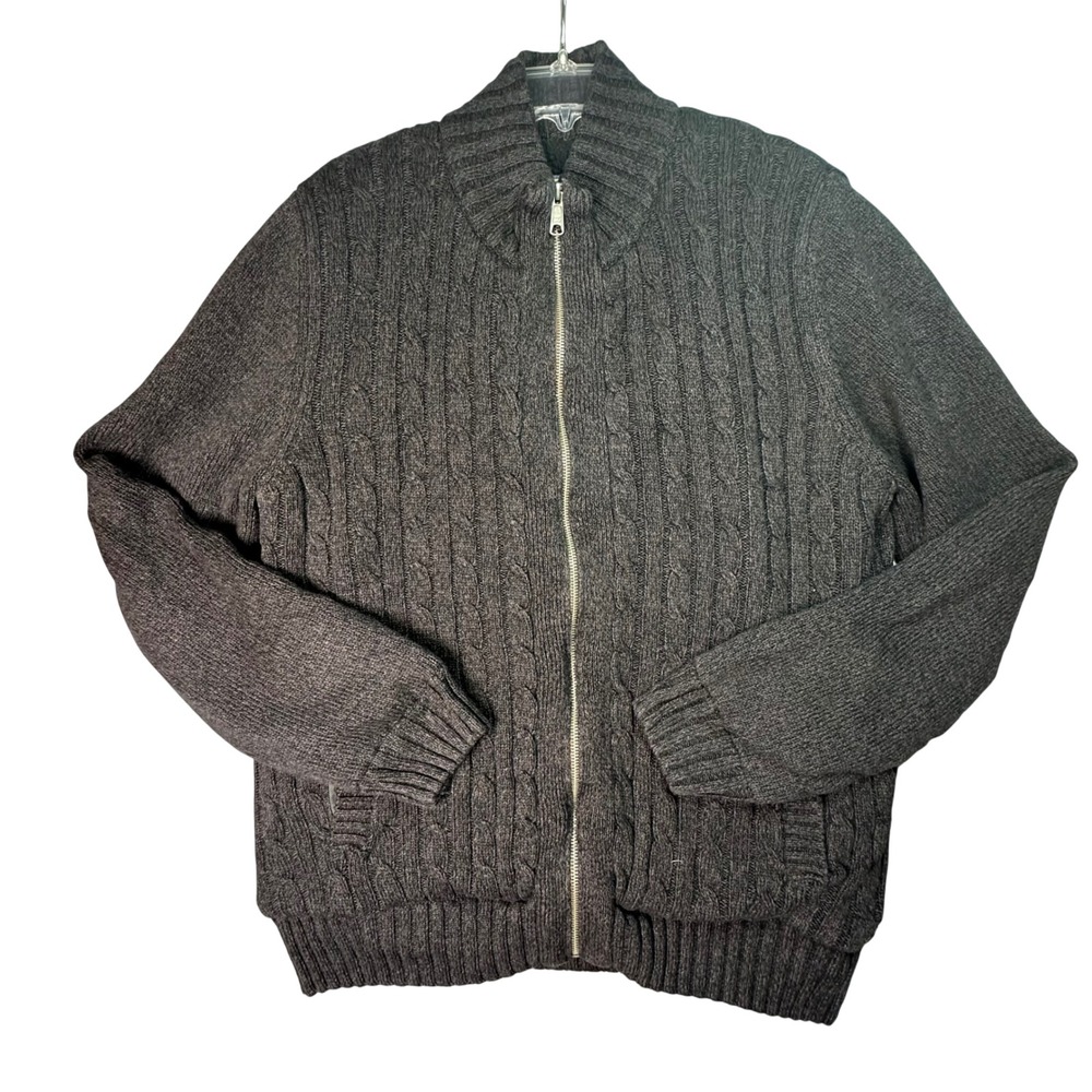 Boston Traders Cable Knit Sherpa Lined Full Zip Sweater Jacket Large Dark Gray
